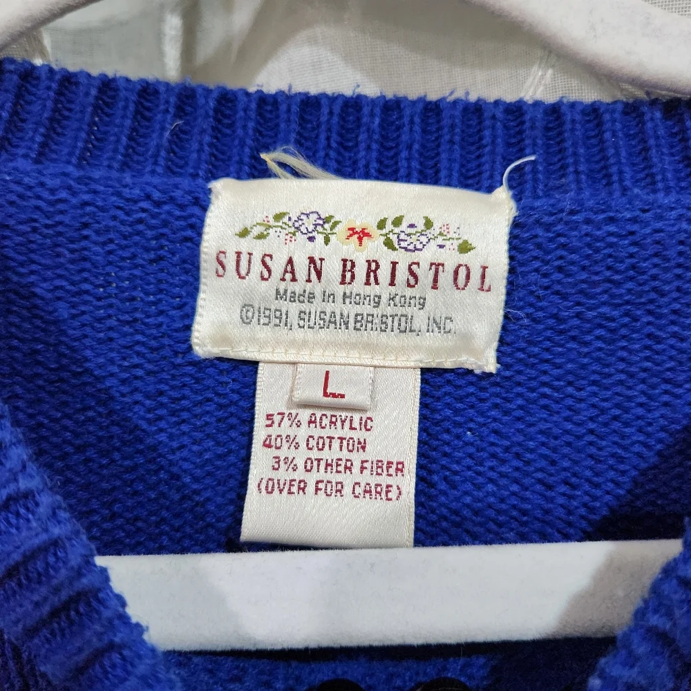 Vtg Susan Bristol Cat Sweater Navy Boxy 90s Crazy Cat Lady Size LARGE L Women's - Picture 6 of 9